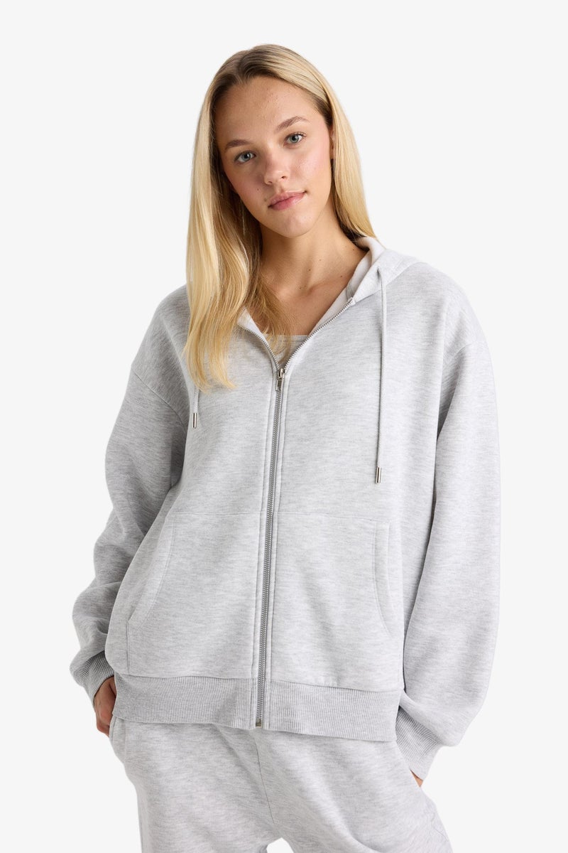 DeFacto Grey Woman Relax Fit Basic Thick Fabric Zip-Up Hoodie Casual - Image 5